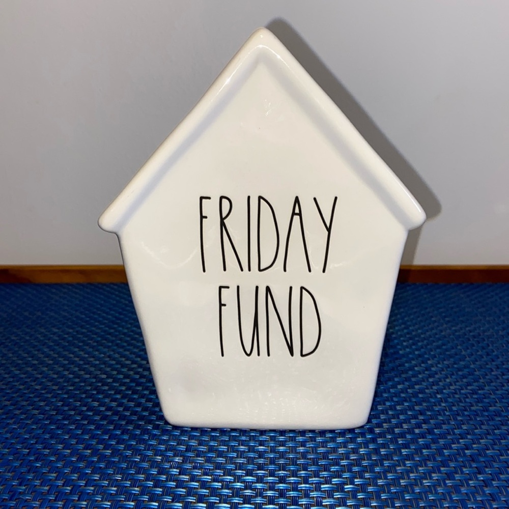 Rae Dunn “Friday Fun” House shaped bank, piggy bank, perfect condition